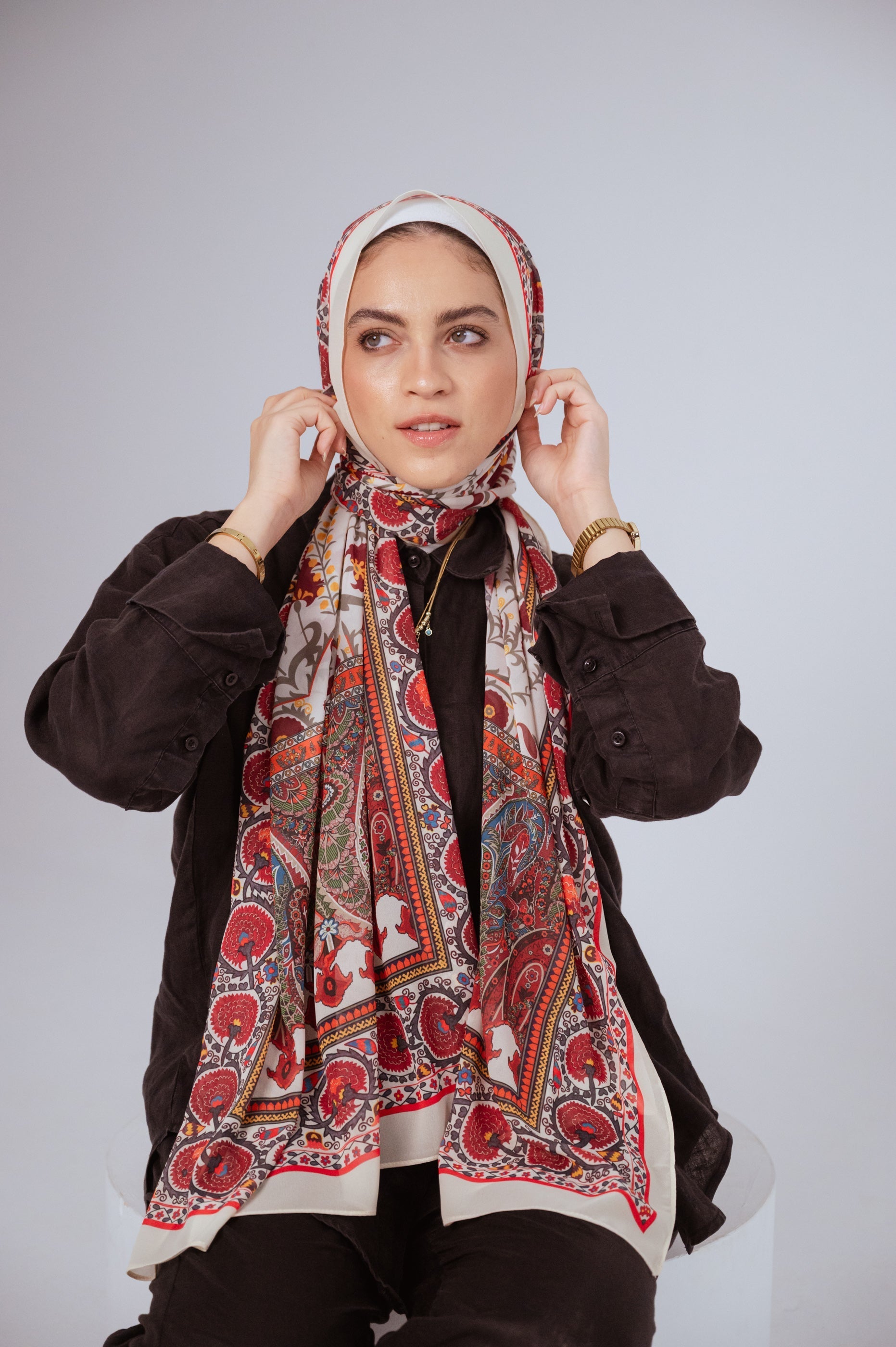 Model wearing a Cairo Nights luxury chiffon hijab styled in a non-slip wrap