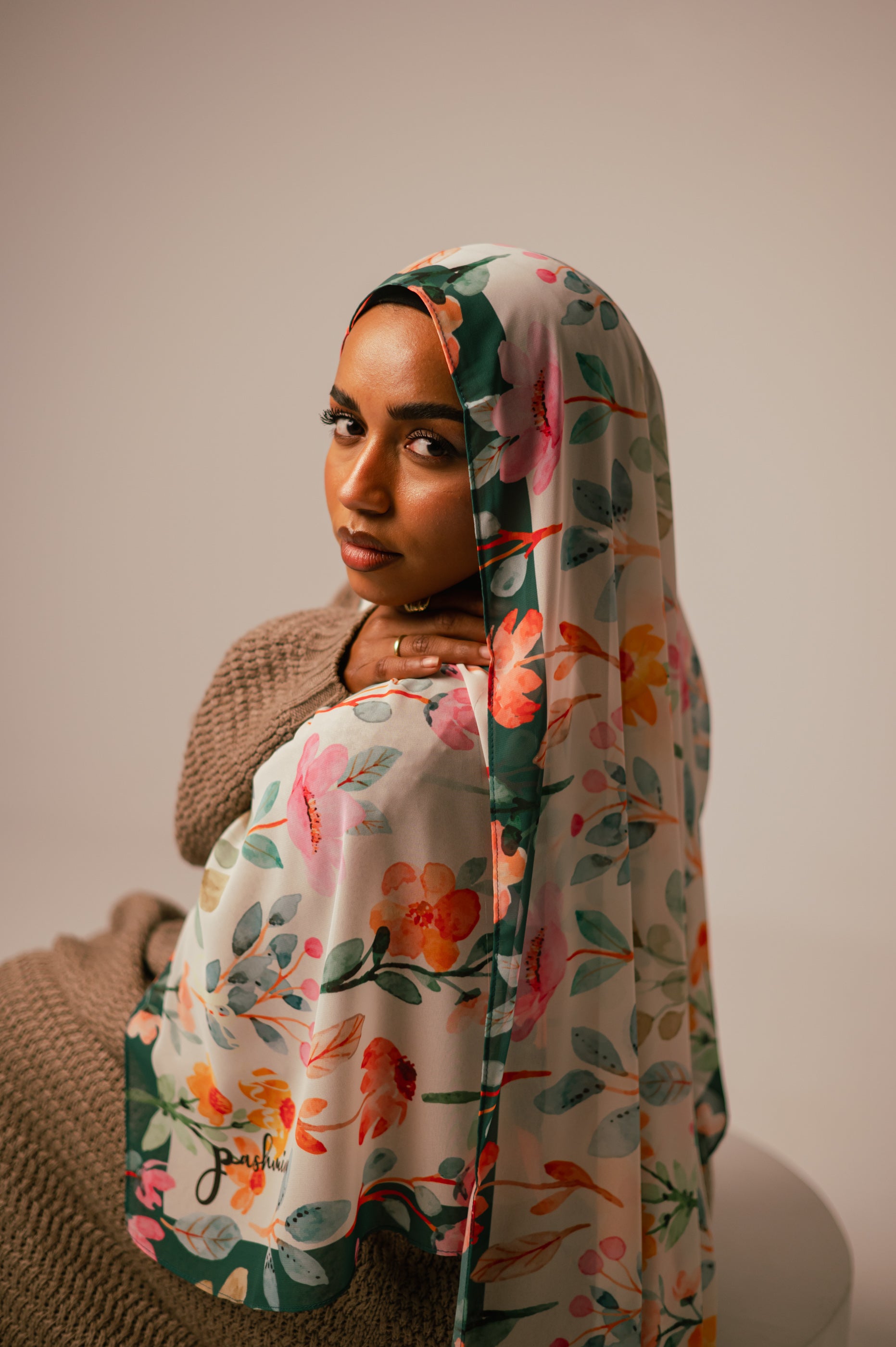 Model wearing Blooms of Hope - Jaida Journal styling guide for non-slip hijab looks