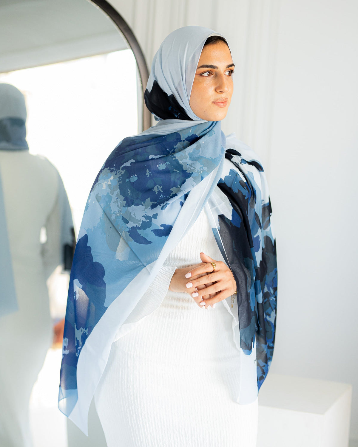 Detailed drape of an Azure Bloom chiffon hijab by JAIDA