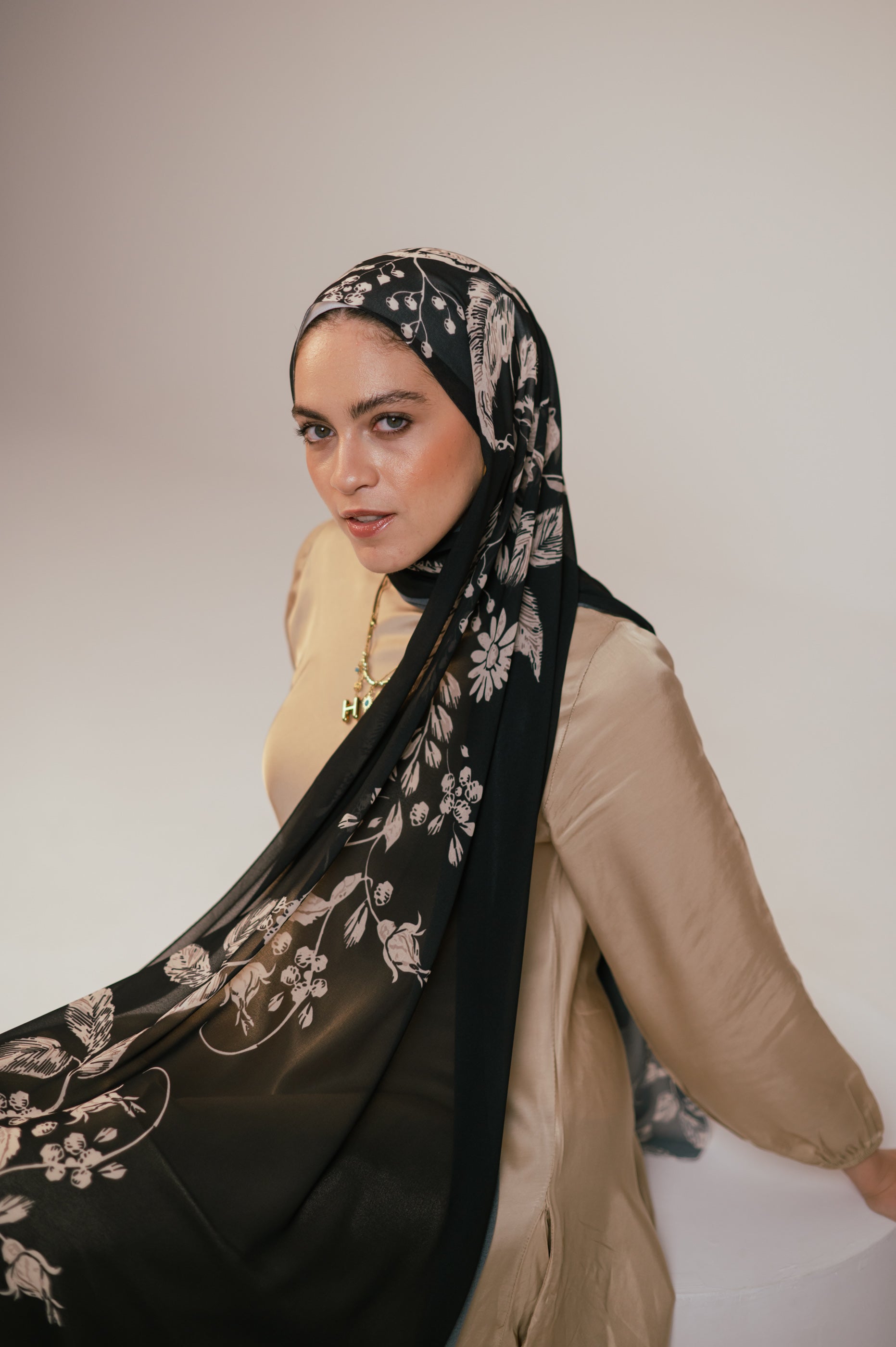 Model in light Petal Shadows chiffon hijab — the best breathable hijab fabrics for summer
