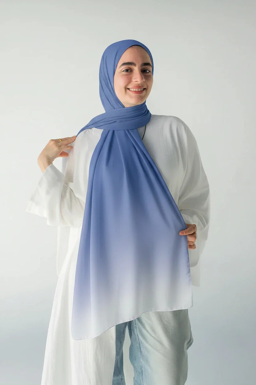 Sky Topaz luxury chiffon hijab by JAIDA featured in a casual denim outfit styling guide