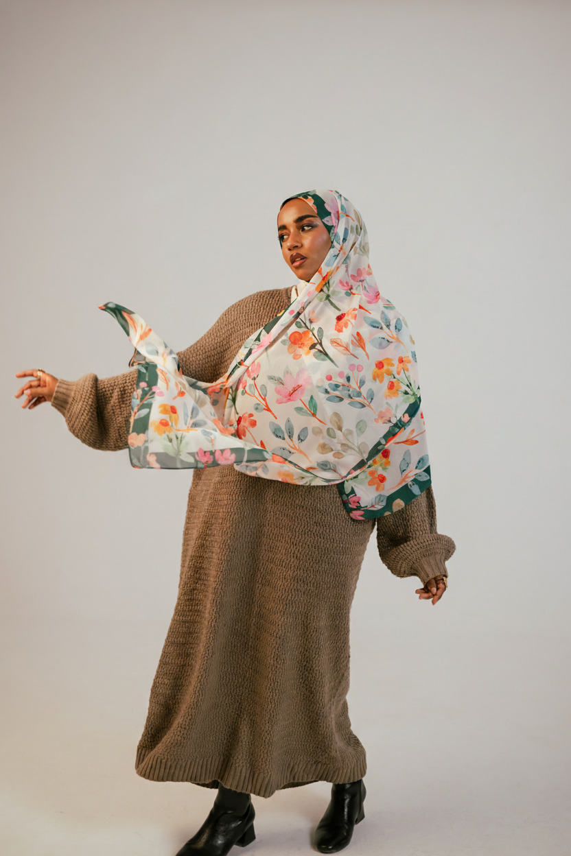 Dynamic pose with the Blooms of Hope hijab lifted mid-motion, highlighting its lightweight chiffon.