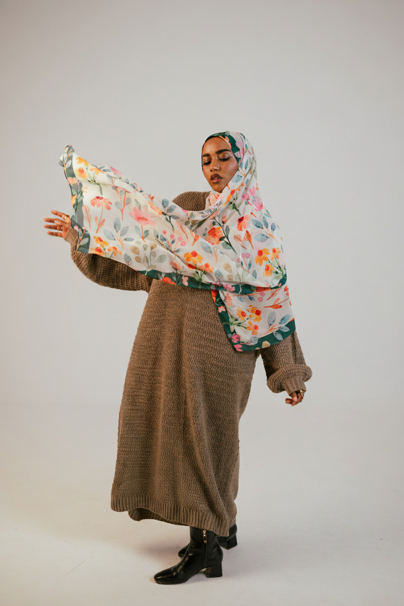 Airy full-body shot featuring the Blooms of Hope hijab in motion, showcasing the floral pattern and flow.