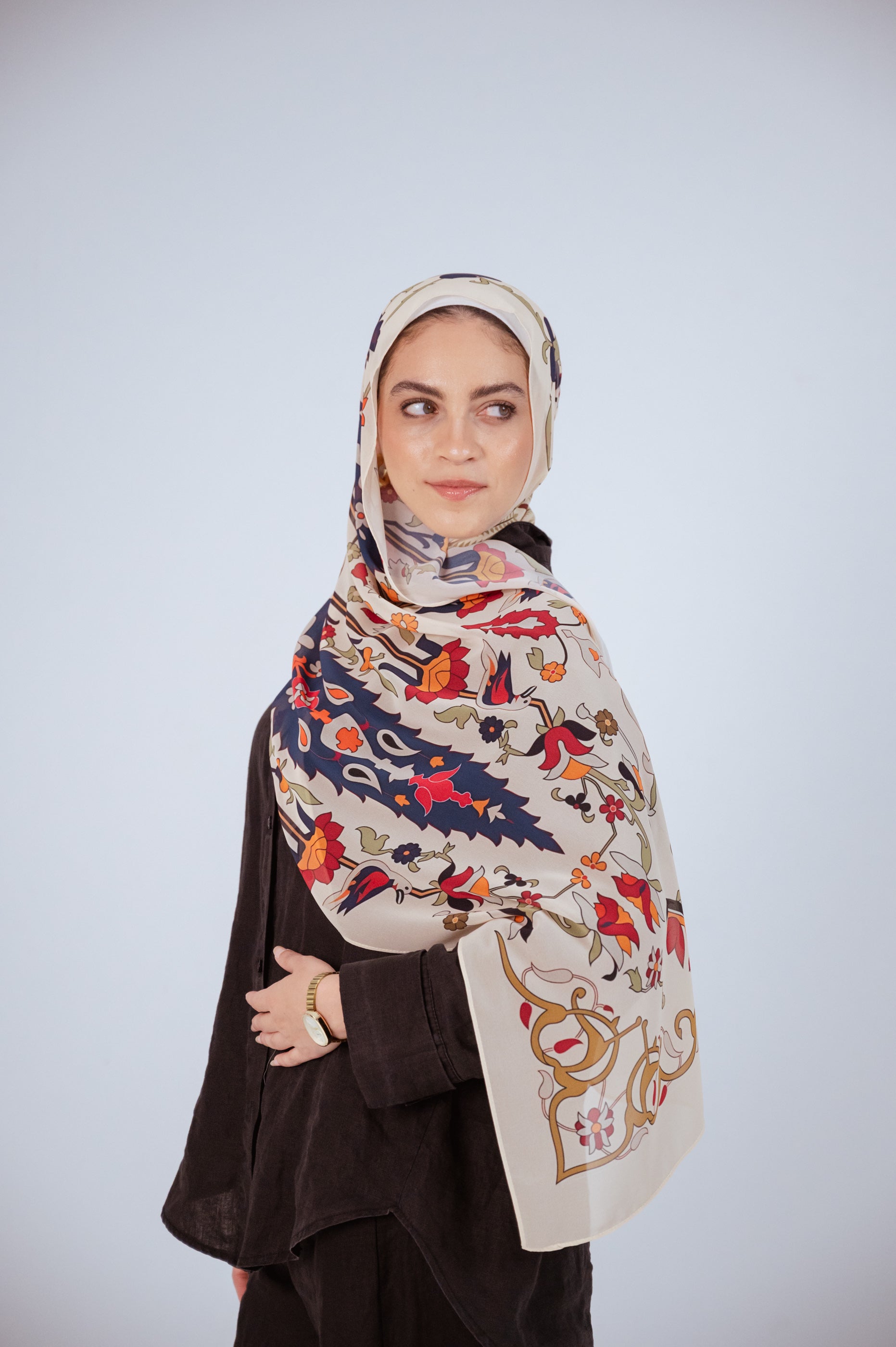 Side view of Andalus Drape hijab showing Andalusian floral pattern