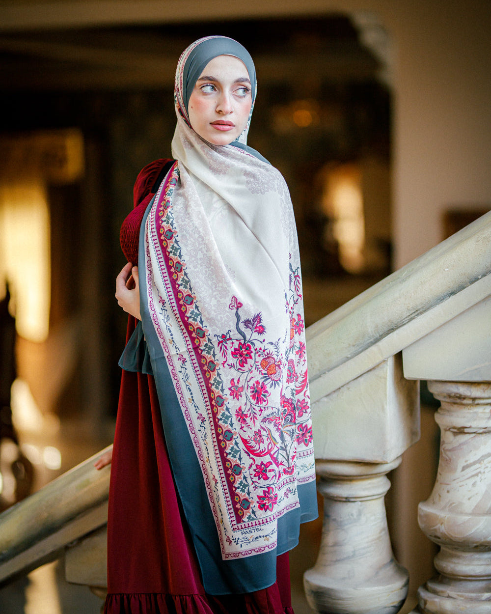 Side View of Arabesque Bloom Hijab – Ivory and Plum Arabesque Print