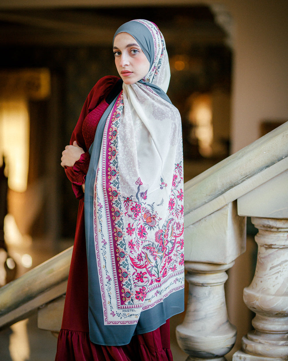 Side View of Arabesque Bloom Hijab – Ivory and Plum Arabesque Print