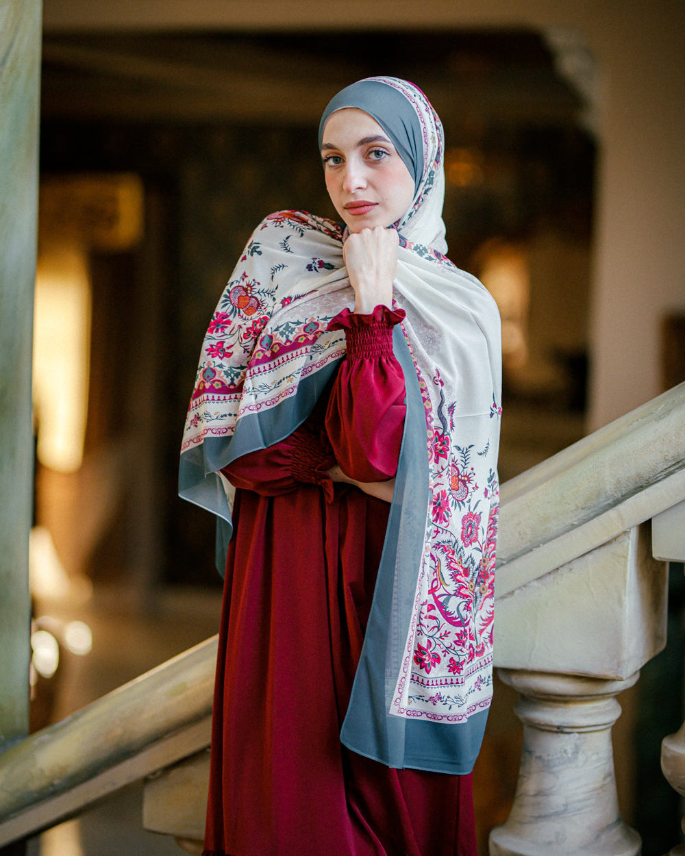 Arabesque Bloom Luxury Chiffon Hijab – Ivory with Berry and Grey Floral Pattern