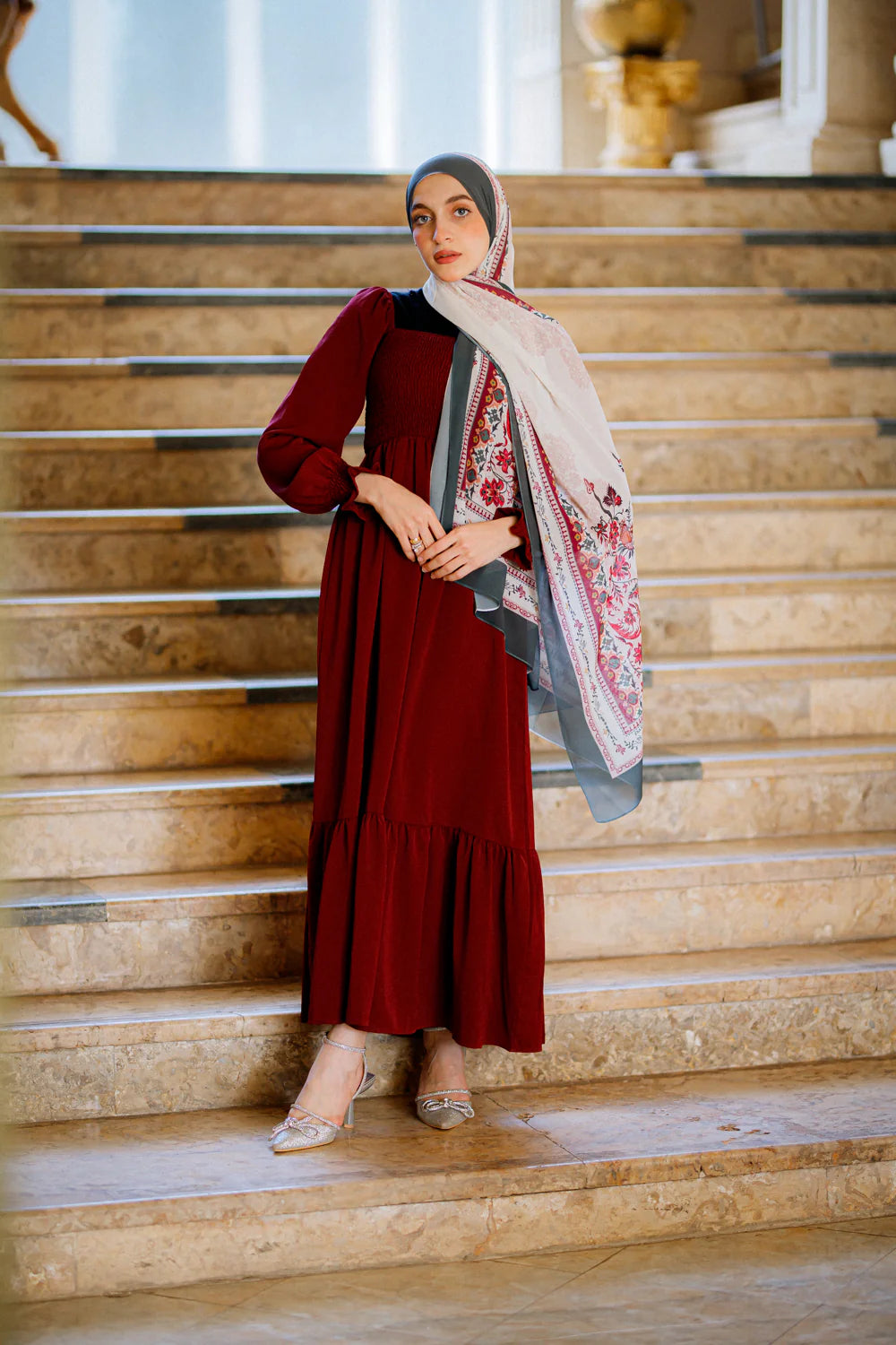 Arabesque Bloom Luxury Chiffon Hijab – Ivory with Berry and Grey Floral Pattern