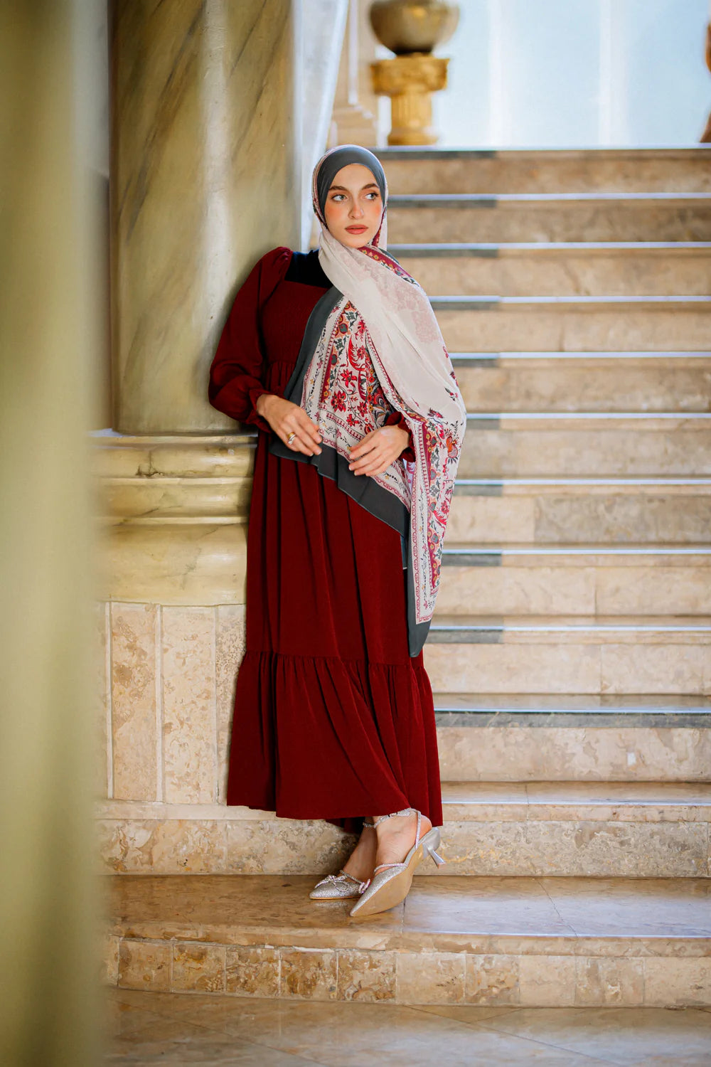 Arabesque Bloom Luxury Chiffon Hijab – Ivory with Berry and Grey Floral Pattern