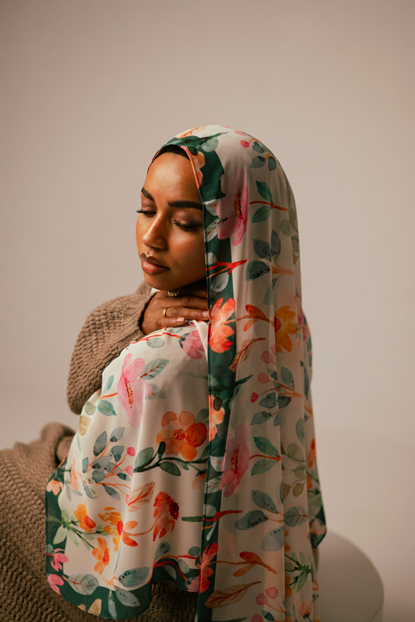 Side profile of model wearing Blooms of Hope hijab with soft drape and detailed floral border.