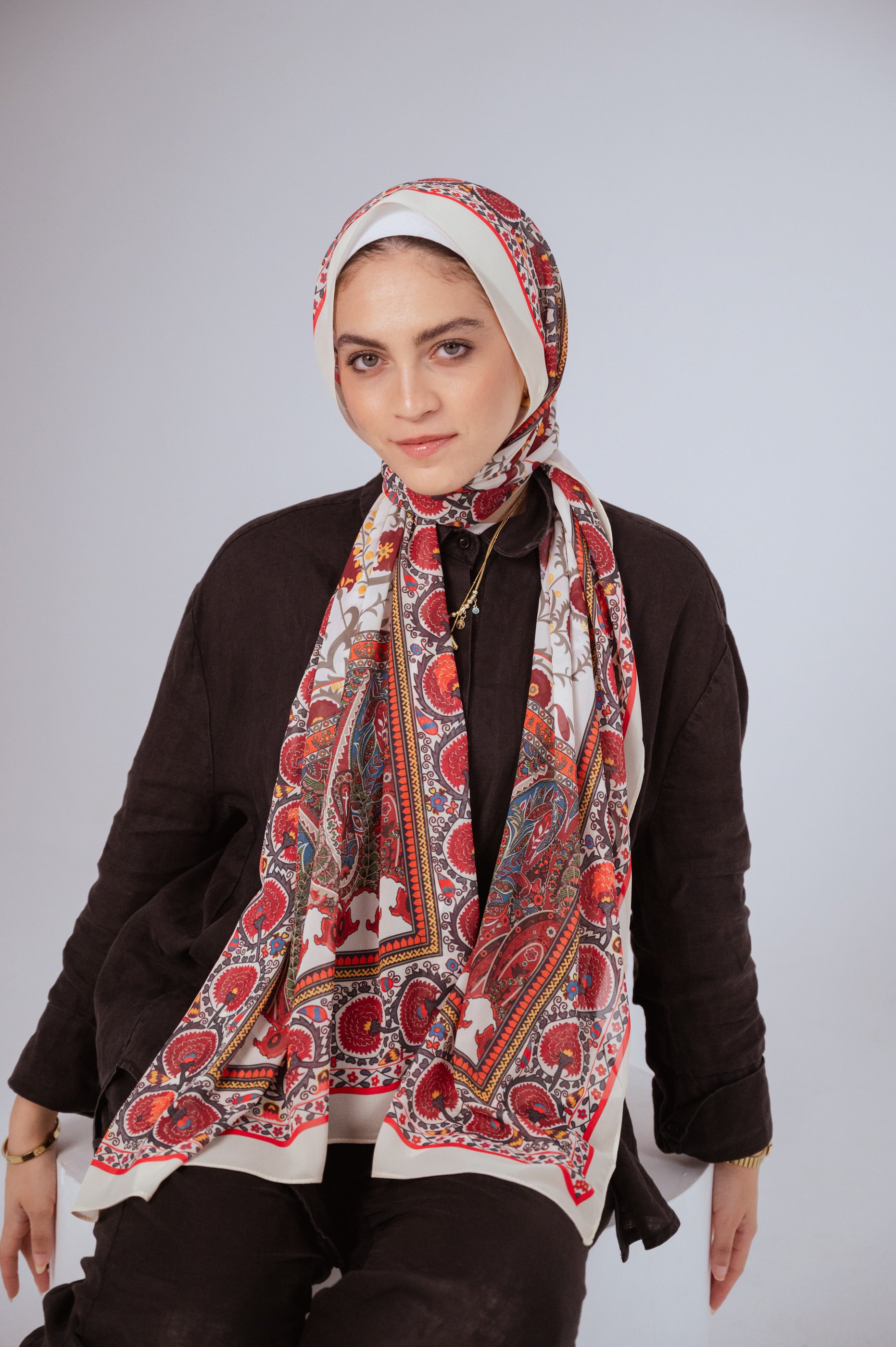 Front view of Cairo Nights luxury chiffon hijab styled with a full drape.