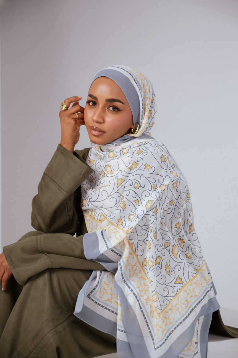 Full view of the Ciel Doré luxury chiffon hijab, showcasing its warm golden gradient and airy drape.
