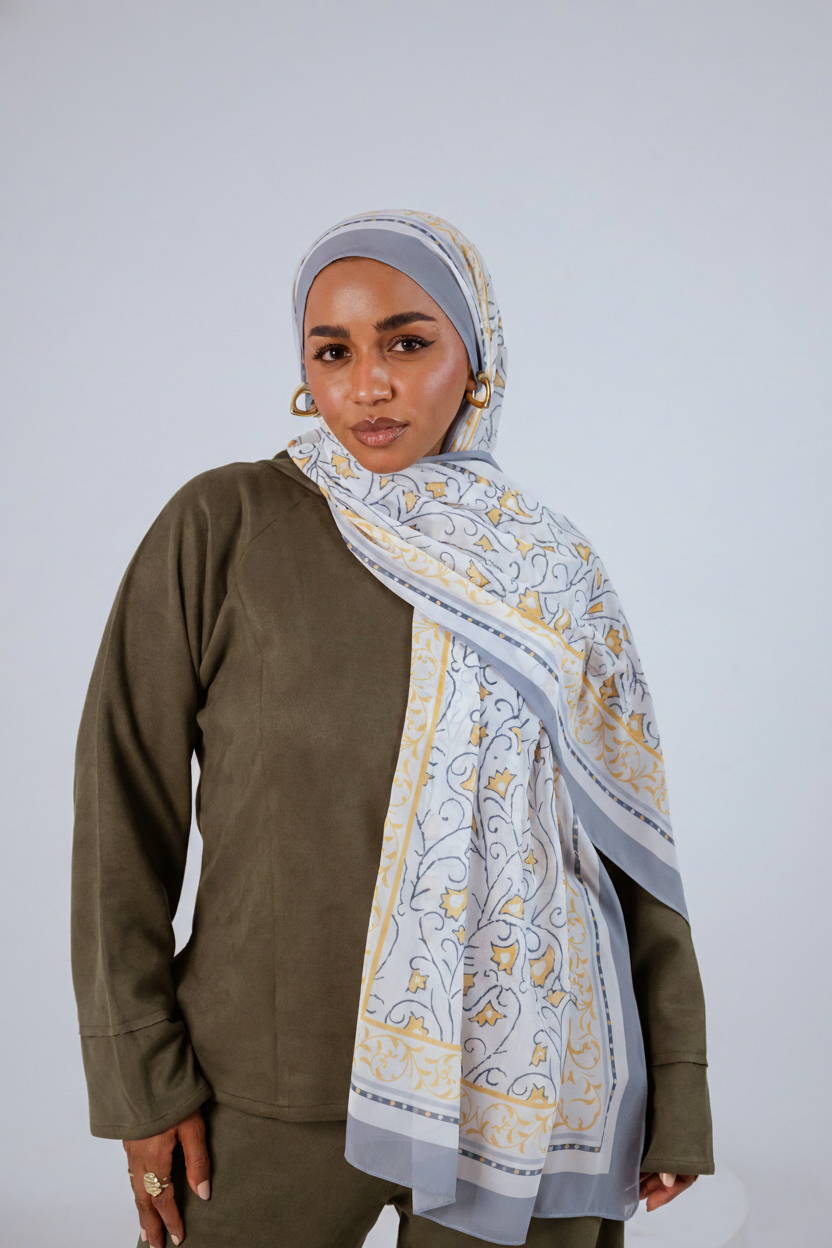 Full view of the Ciel Doré luxury chiffon hijab, showcasing its warm golden gradient and airy drape.