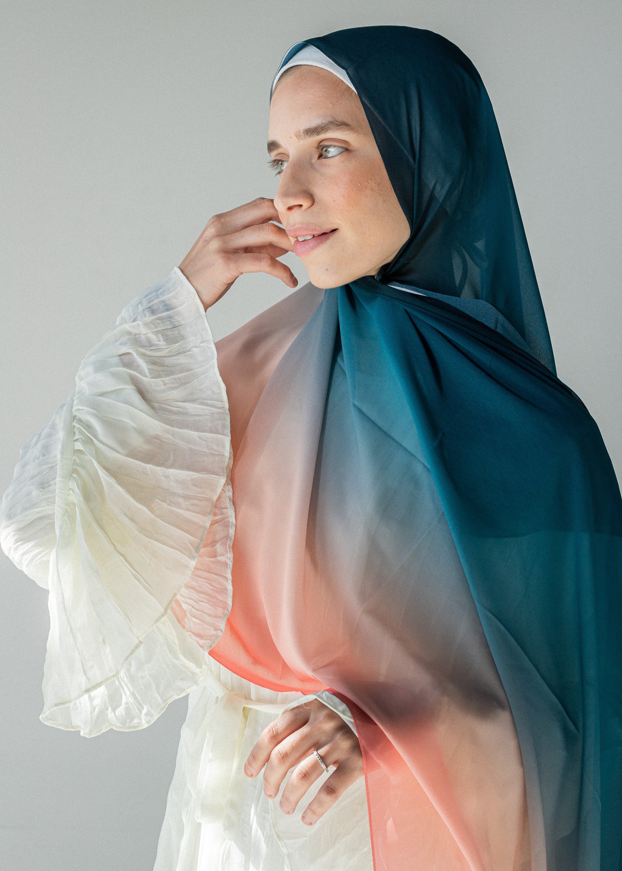 Close-up of Coral Horizon hijab fabric and gradient detail