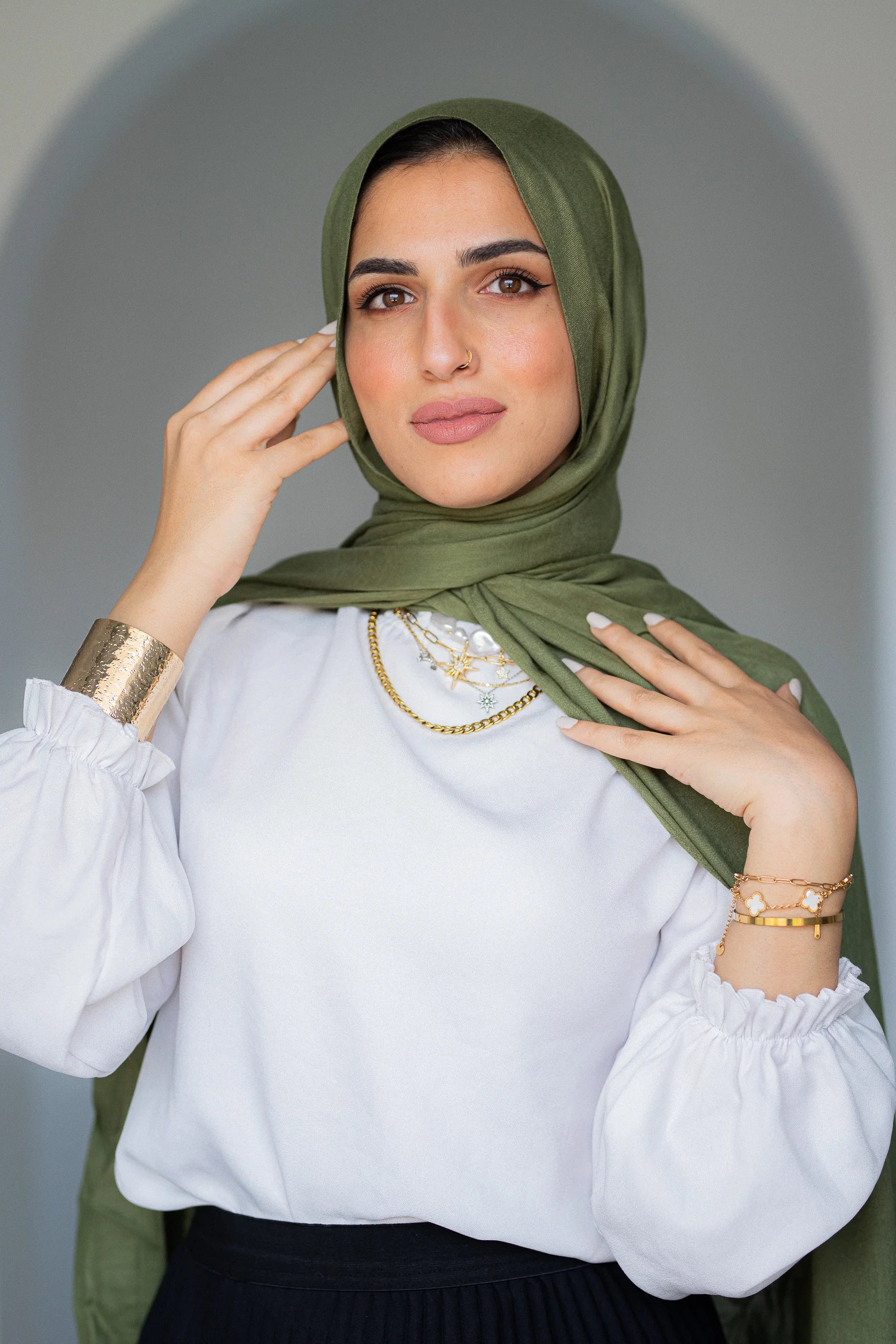 Soft olive modal cotton hijab close-up showing smooth matte weave