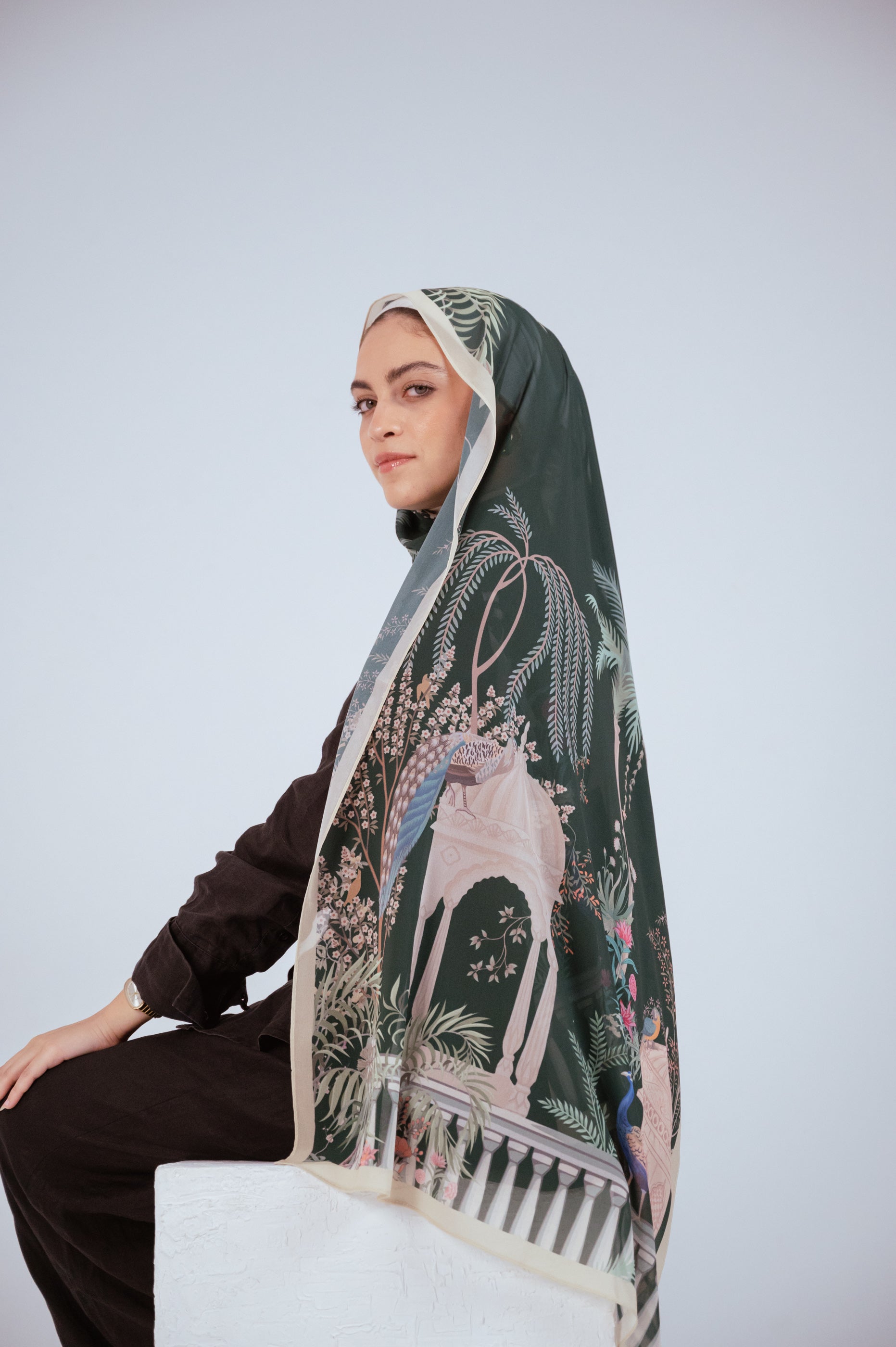Side view of Emerald Garden chiffon hijab showing ivory arches and floral patterns