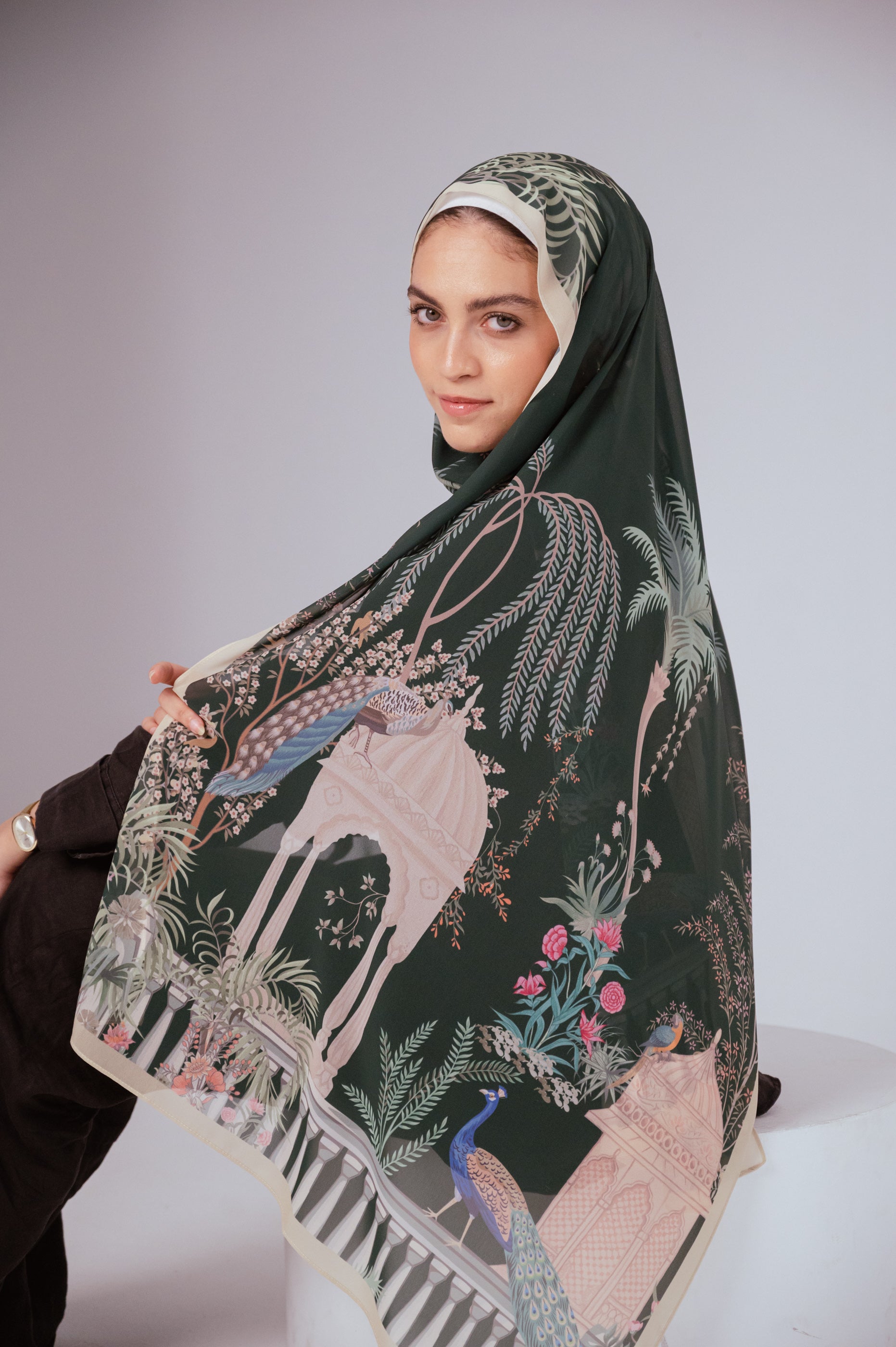 Side view of Emerald Garden chiffon hijab showing ivory arches and floral patterns