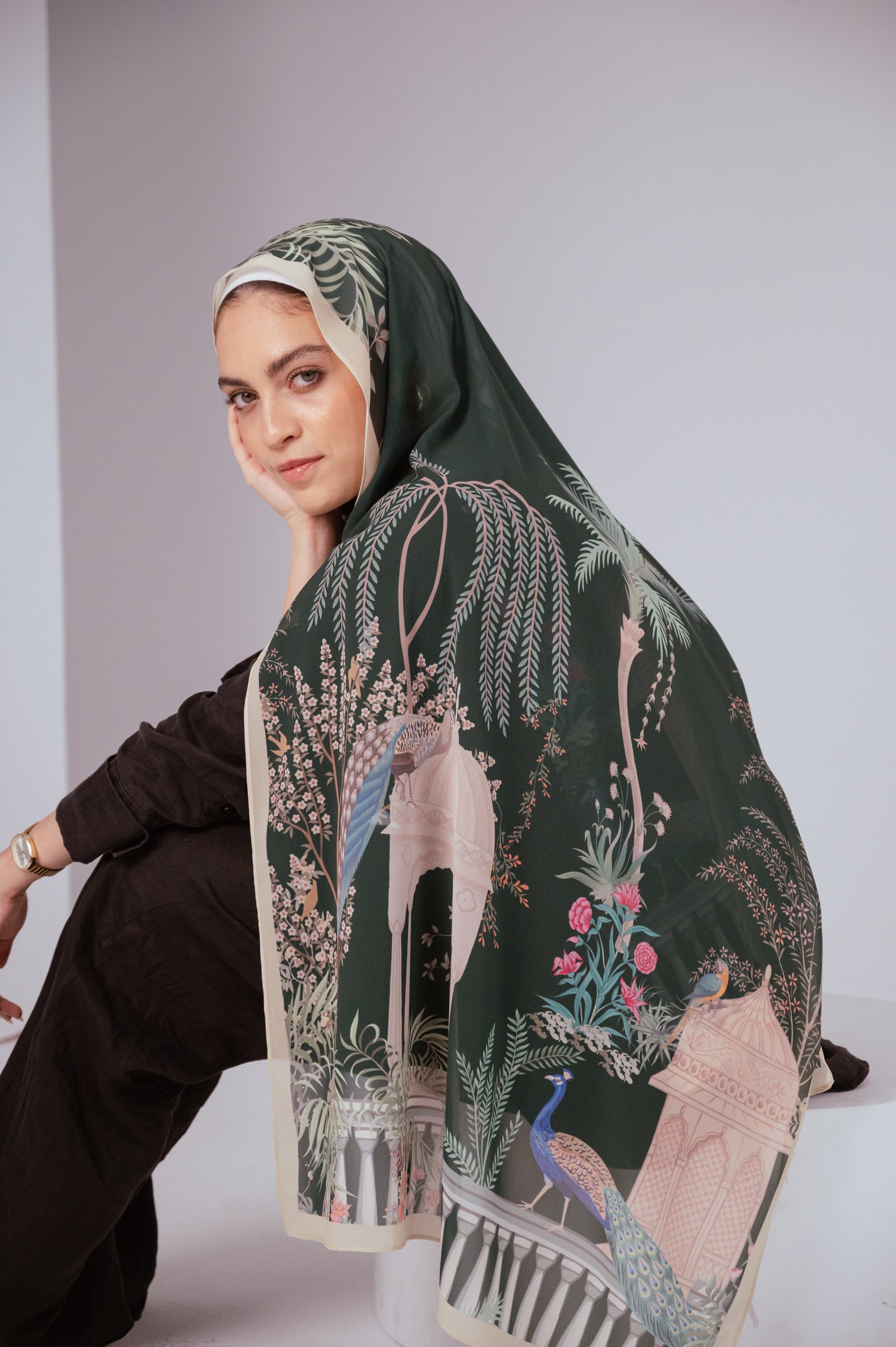 Side view of Emerald Garden chiffon hijab showing ivory arches and floral patterns