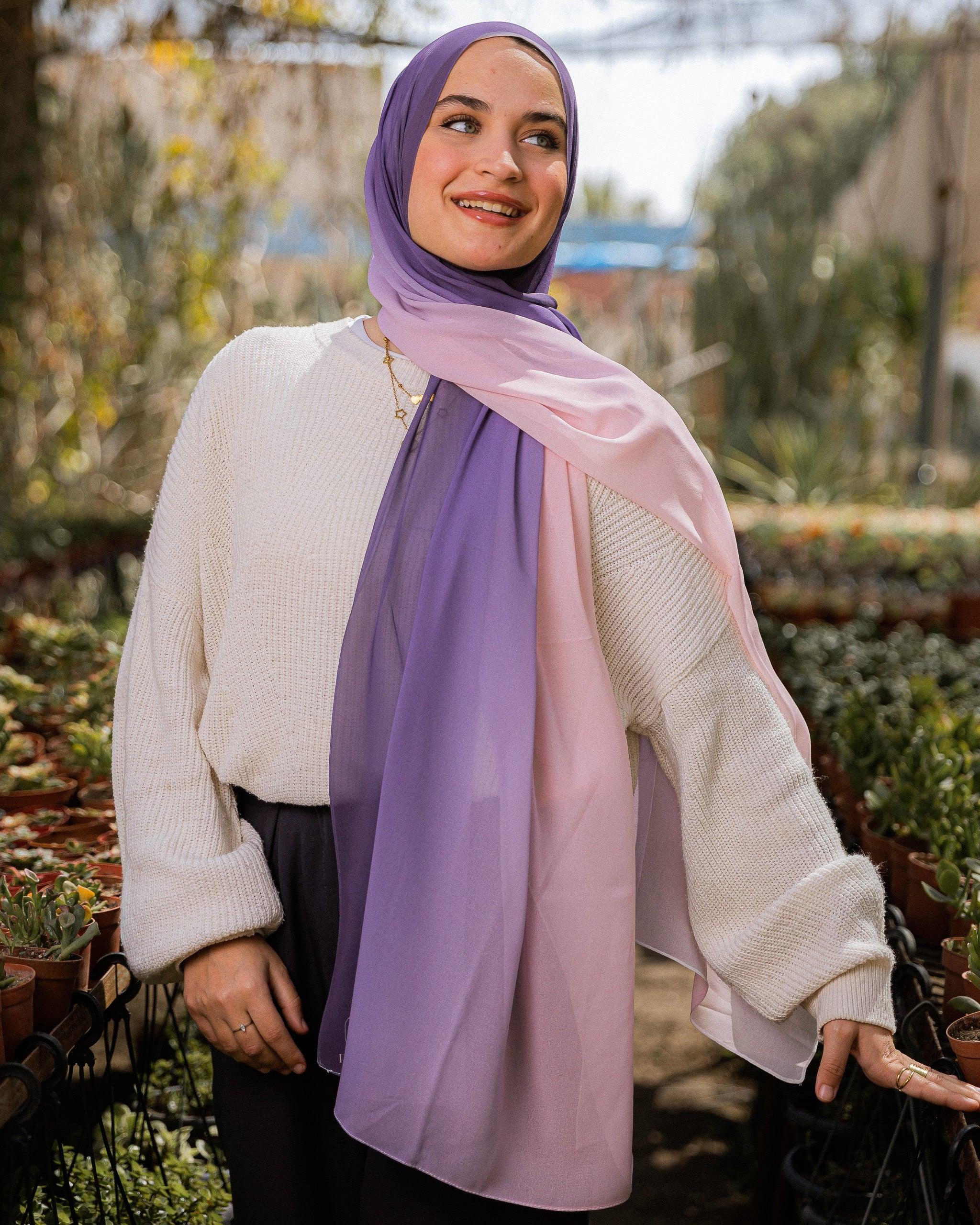 Model wearing Hushed Mauve chiffon hijab – gradient lilac to blush pink tones