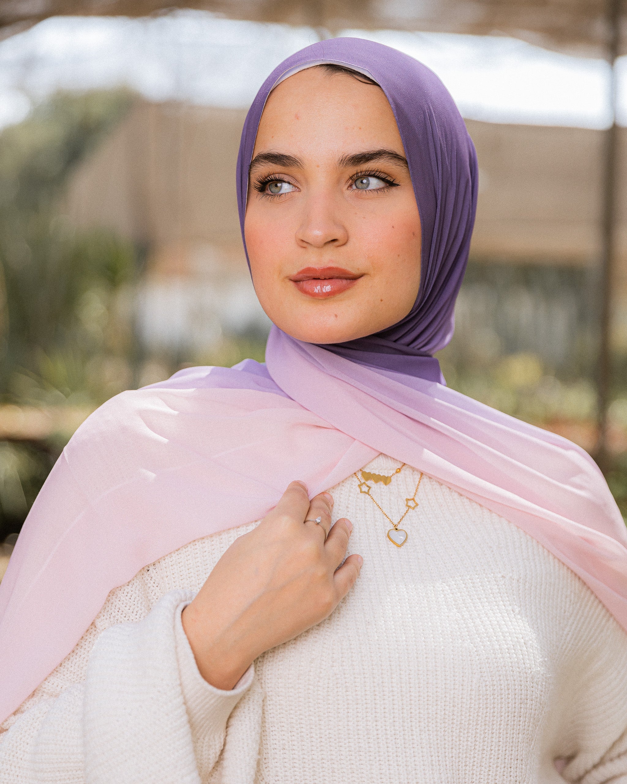 Model wearing Hushed Mauve chiffon hijab – gradient lilac to blush pink tones