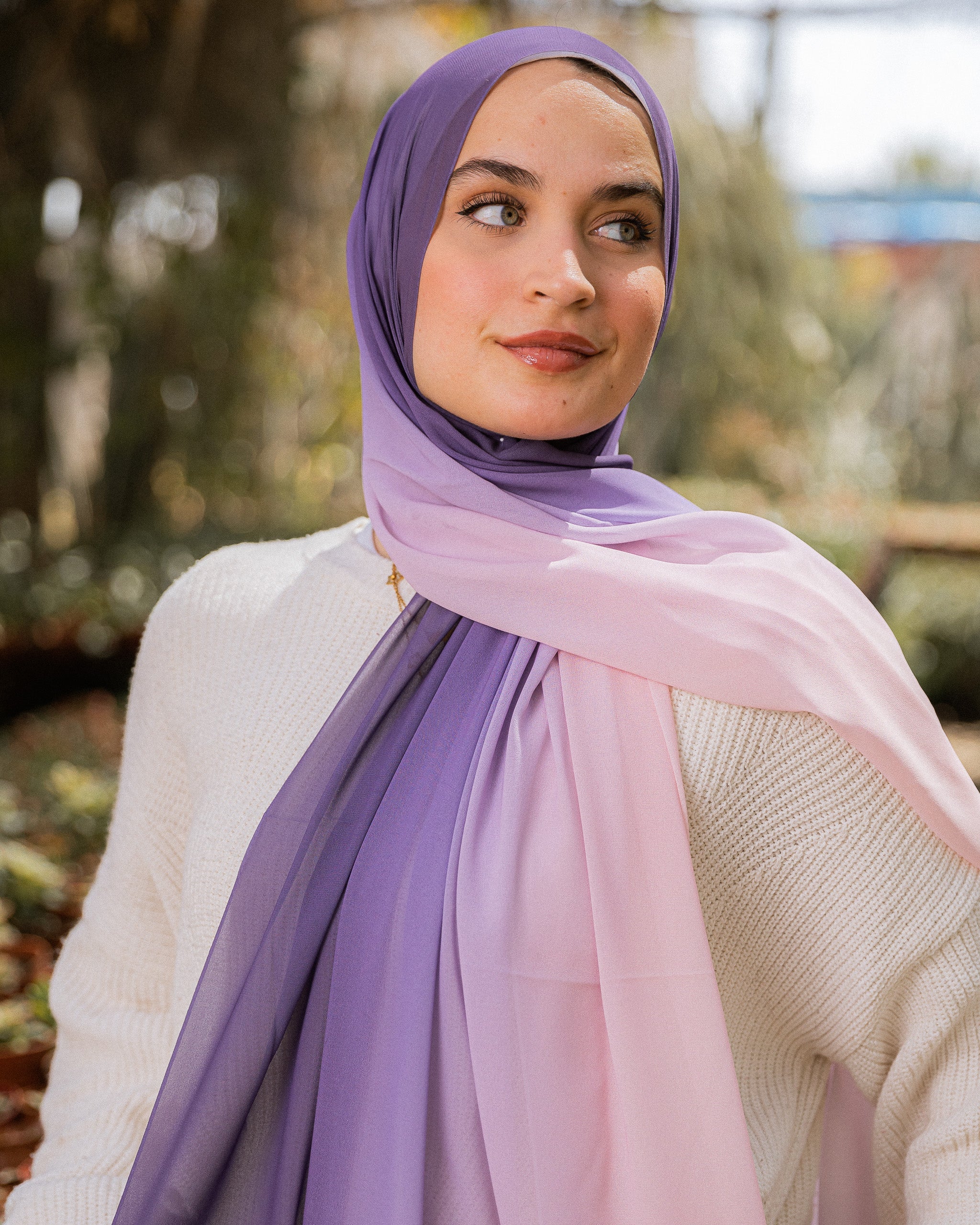 Model wearing Hushed Mauve chiffon hijab – gradient lilac to blush pink tones