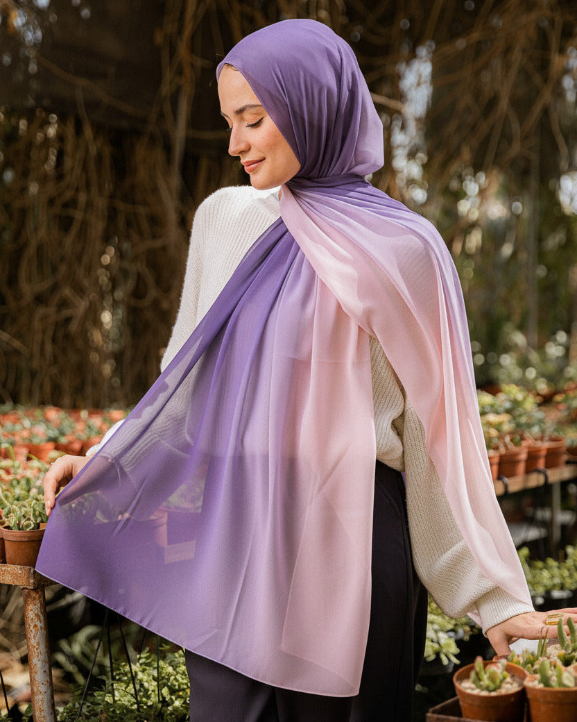 Model wearing Hushed Mauve chiffon hijab – gradient lilac to blush pink tones