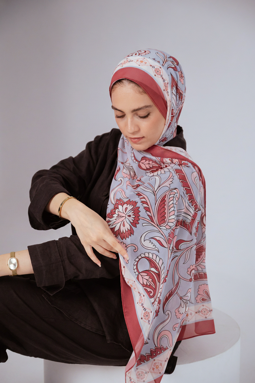 Side drape view of Alhambra Bloom hijab highlighting its airy chiffon texture.