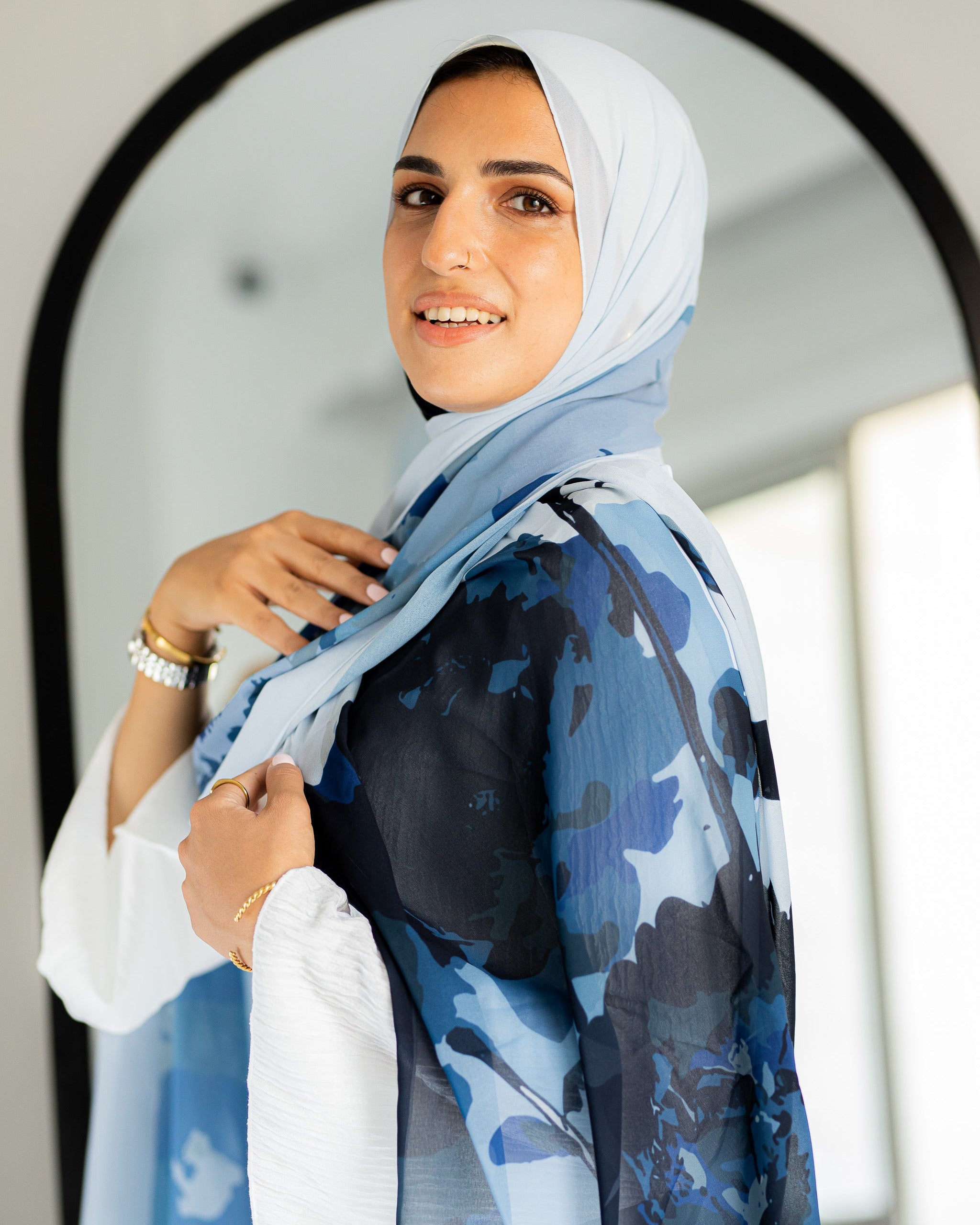 Close-up of premium chiffon texture and narrow hem — Azure Bloom Jaida hijab