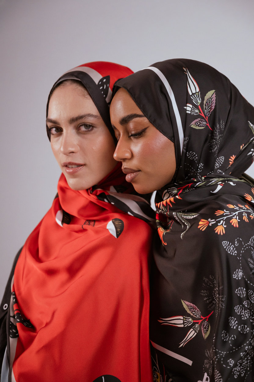 Model pairing the Bold Botanica satin hijab with another model wearing the Scarlet of Granada hijab, showing print details and drape.