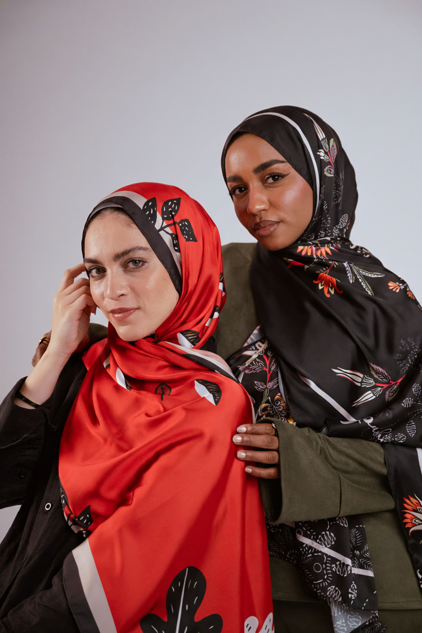 Two models wearing complementary JAIDA satin hijabs — one in Bold Botanica and the other in Scarlet of Granada.