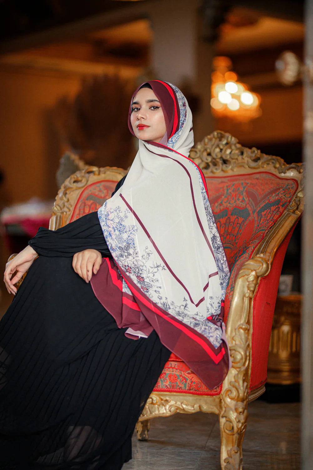 Jaida Chateau Rouge chiffon hijab styled with black modest outfit