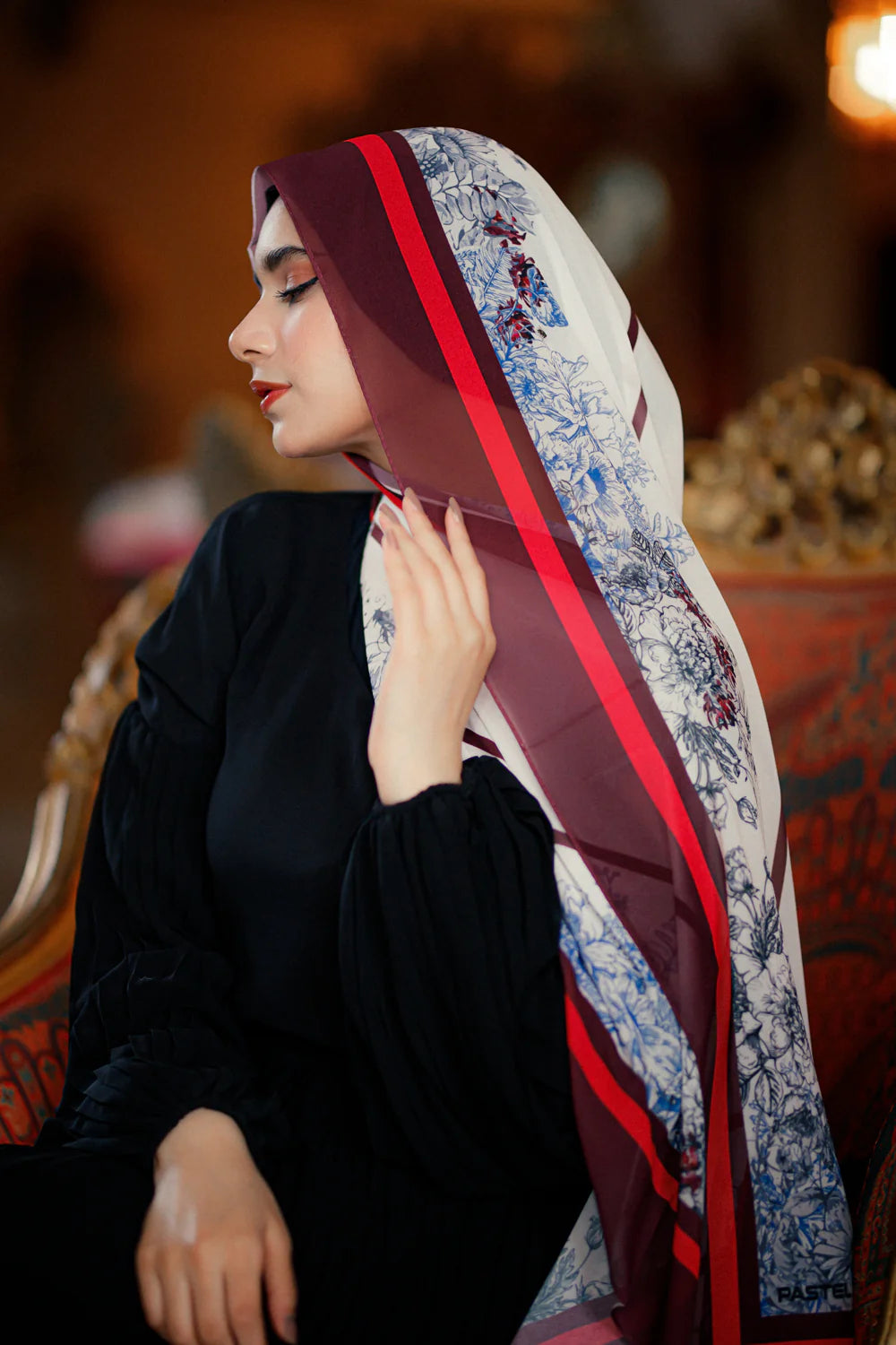 Jaida Chateau Rouge chiffon hijab styled with black modest outfit