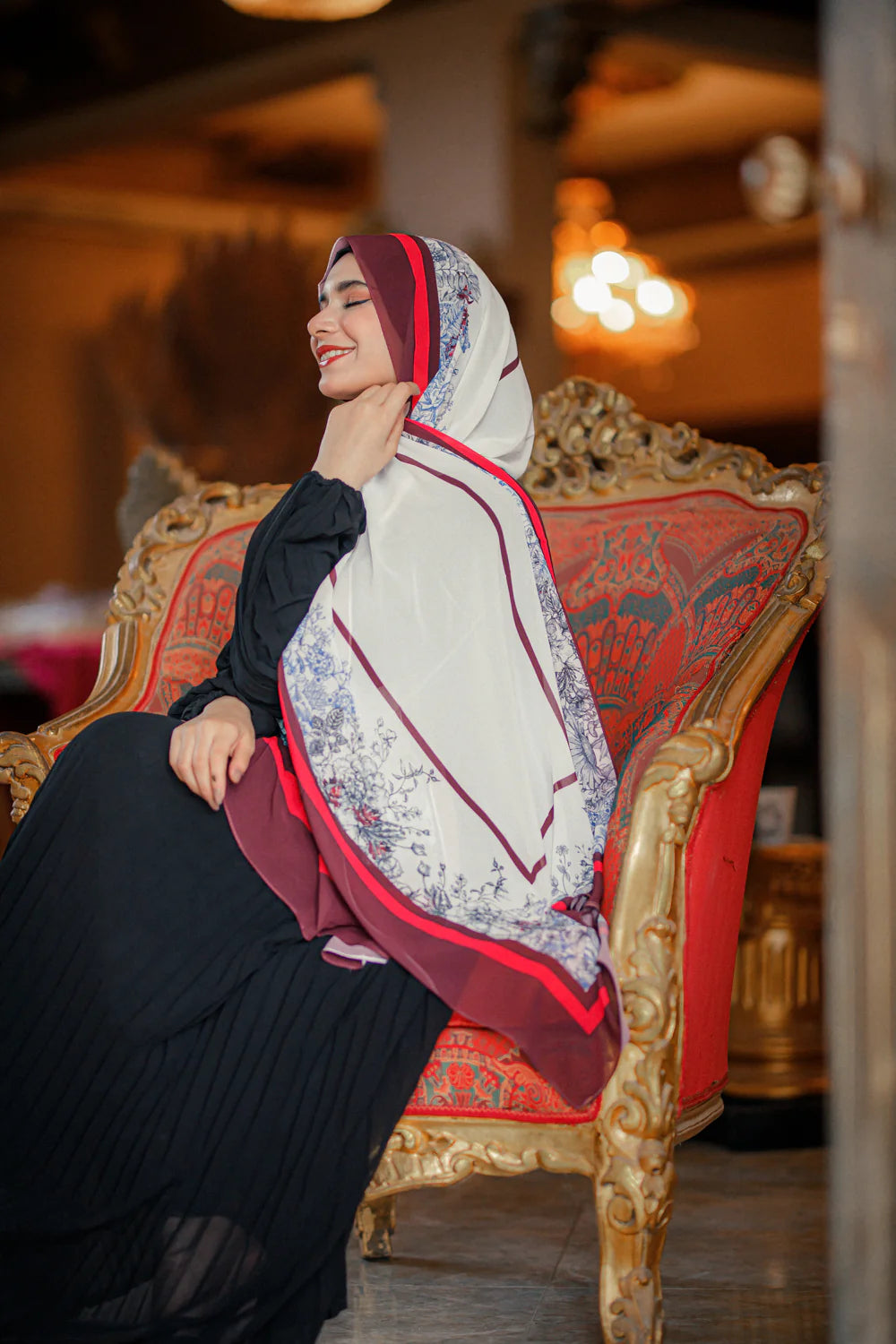 Jaida Chateau Rouge chiffon hijab styled with black modest outfit