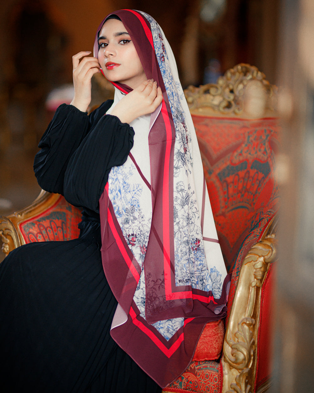 Jaida Chateau Rouge chiffon hijab styled with black modest outfit