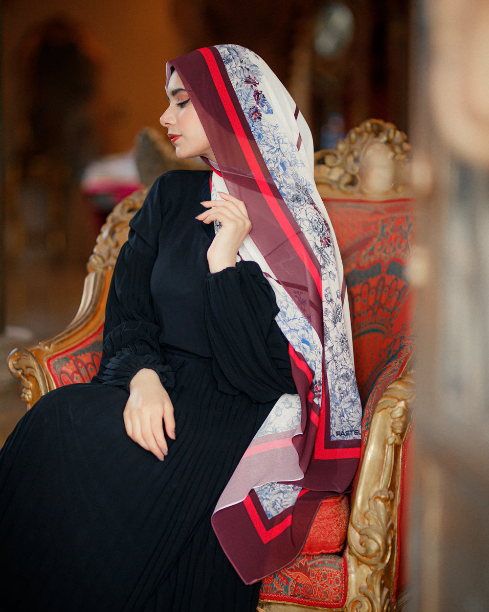 Jaida Chateau Rouge chiffon hijab styled with black modest outfit