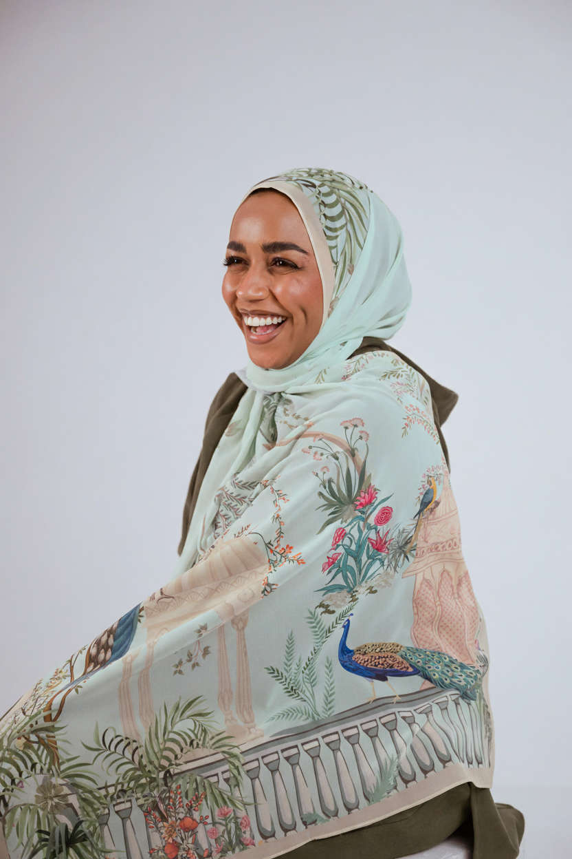 Model wearing Palais de Paon luxury chiffon hijab – mint peacock print by Jaida