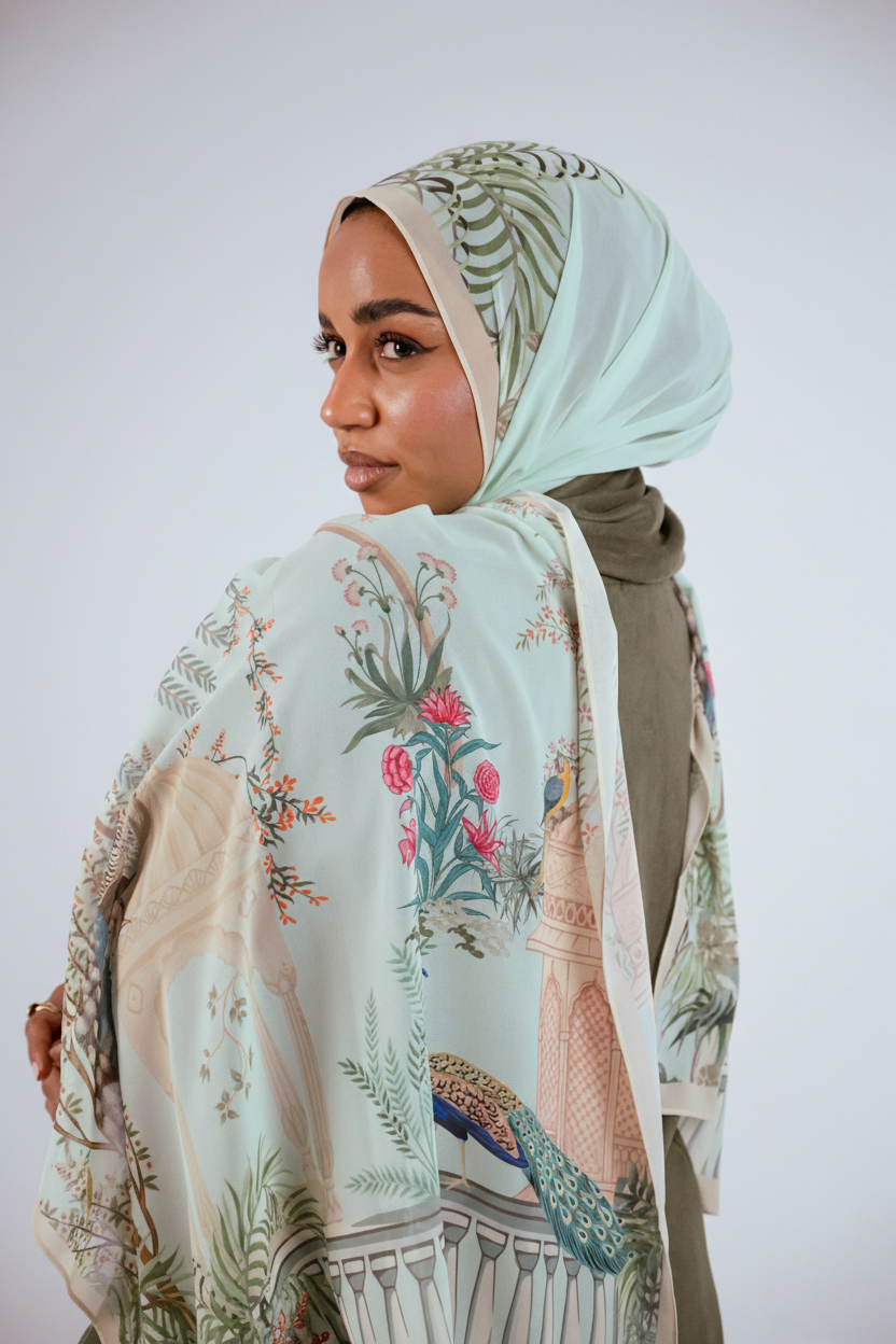 Model wearing Palais de Paon luxury chiffon hijab – mint peacock print by Jaida