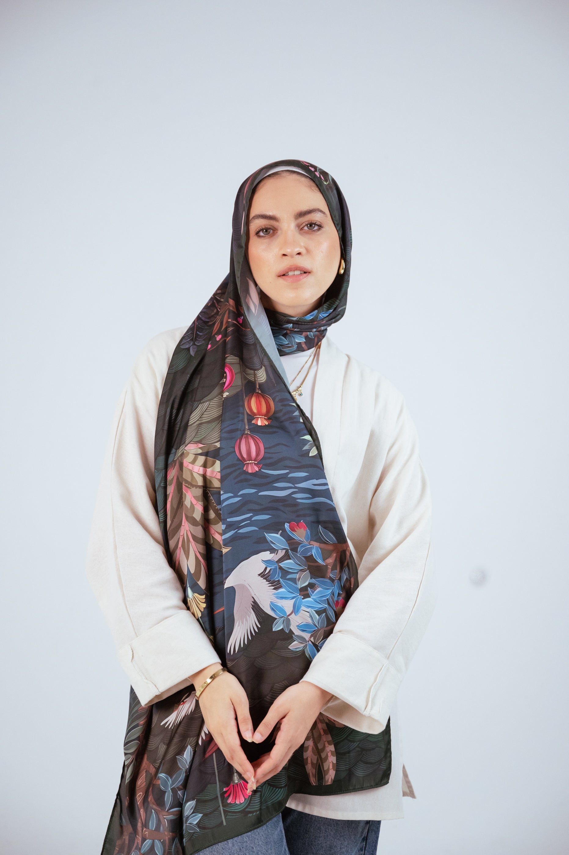 Full front shot showing entire drape of the Secret Garden satin hijab.
