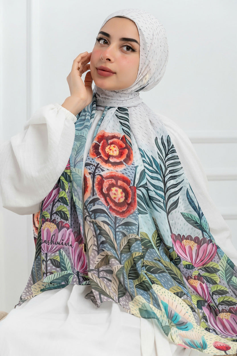 Model wearing Jardin de Lumière luxury chiffon hijab with soft ivory base and floral design – front view