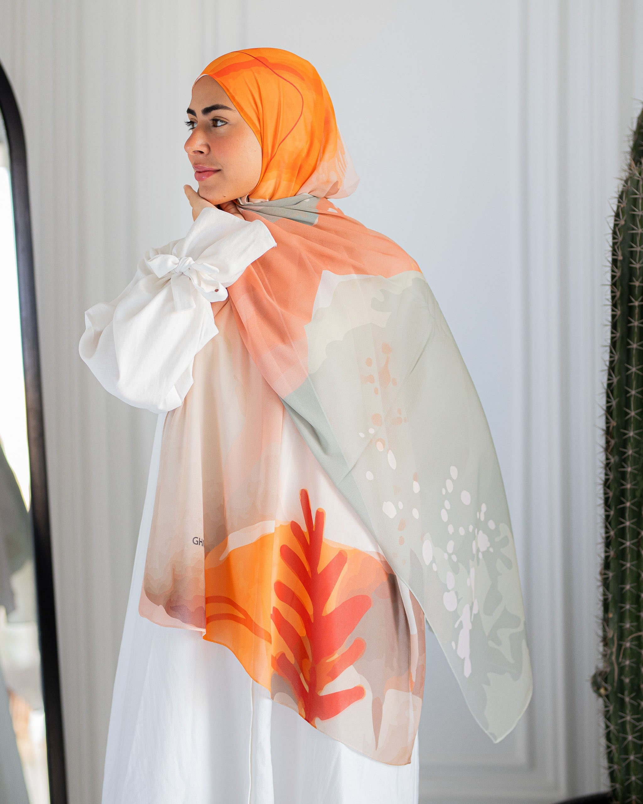 Maple Moon Luxury Chiffon Hijab – Warm Sage and Orange Print