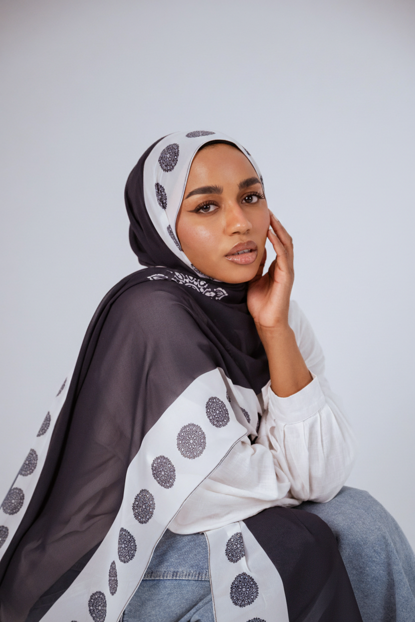 Model wearing the Midnight Mandala chiffon hijab in charcoal and white, front close-up view.