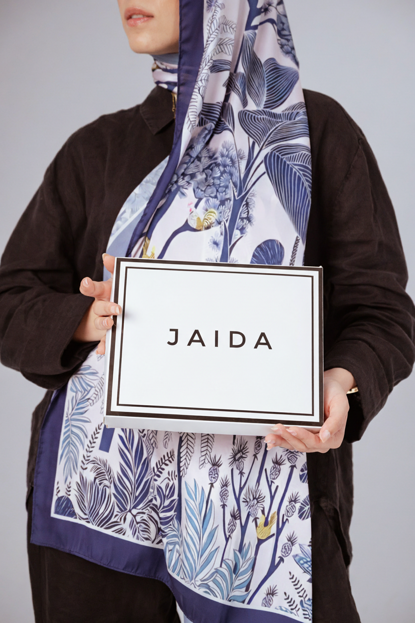 Model wearing Moonlight Oasis chiffon hijab – front view with navy and silver botanical print Holding