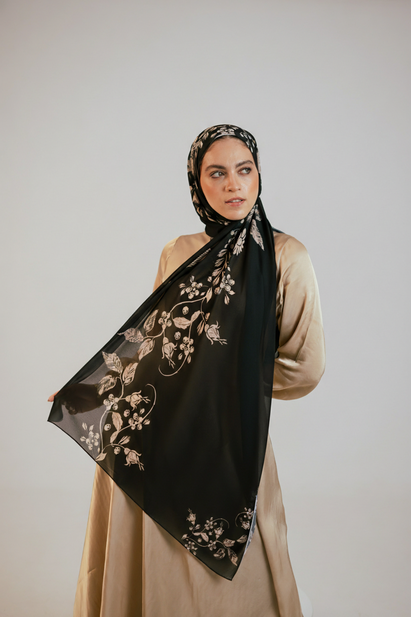 Model wearing Petal Shadows luxury chiffon hijab in full front view, showcasing the floral detailing.