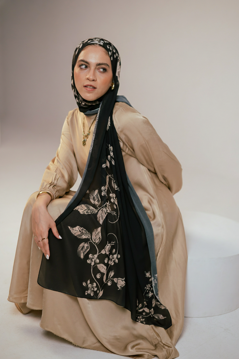 Model seated while wearing Petal Shadows chiffon hijab, showing detailed floral pattern along the drape.