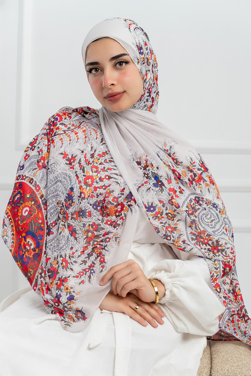 Model wearing Sands of Shiraz chiffon hijab – front view with Persian floral pattern