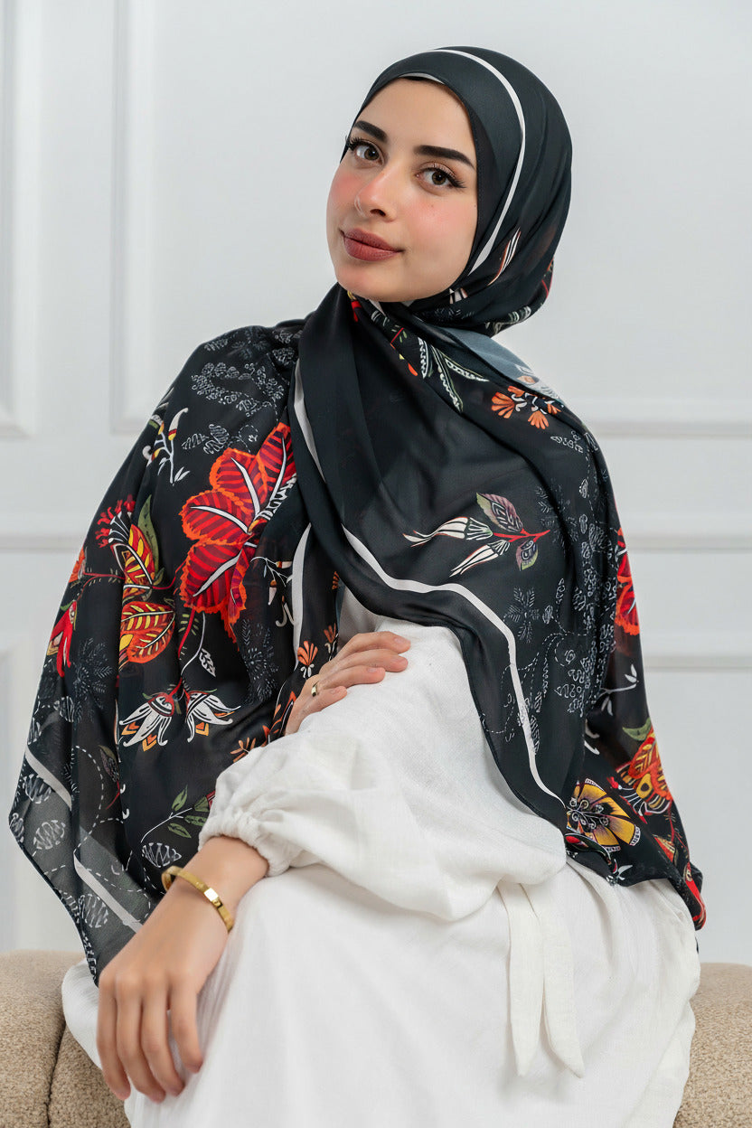 Model wearing Scarlet of Granada chiffon hijab – front view with Andalusian floral print
