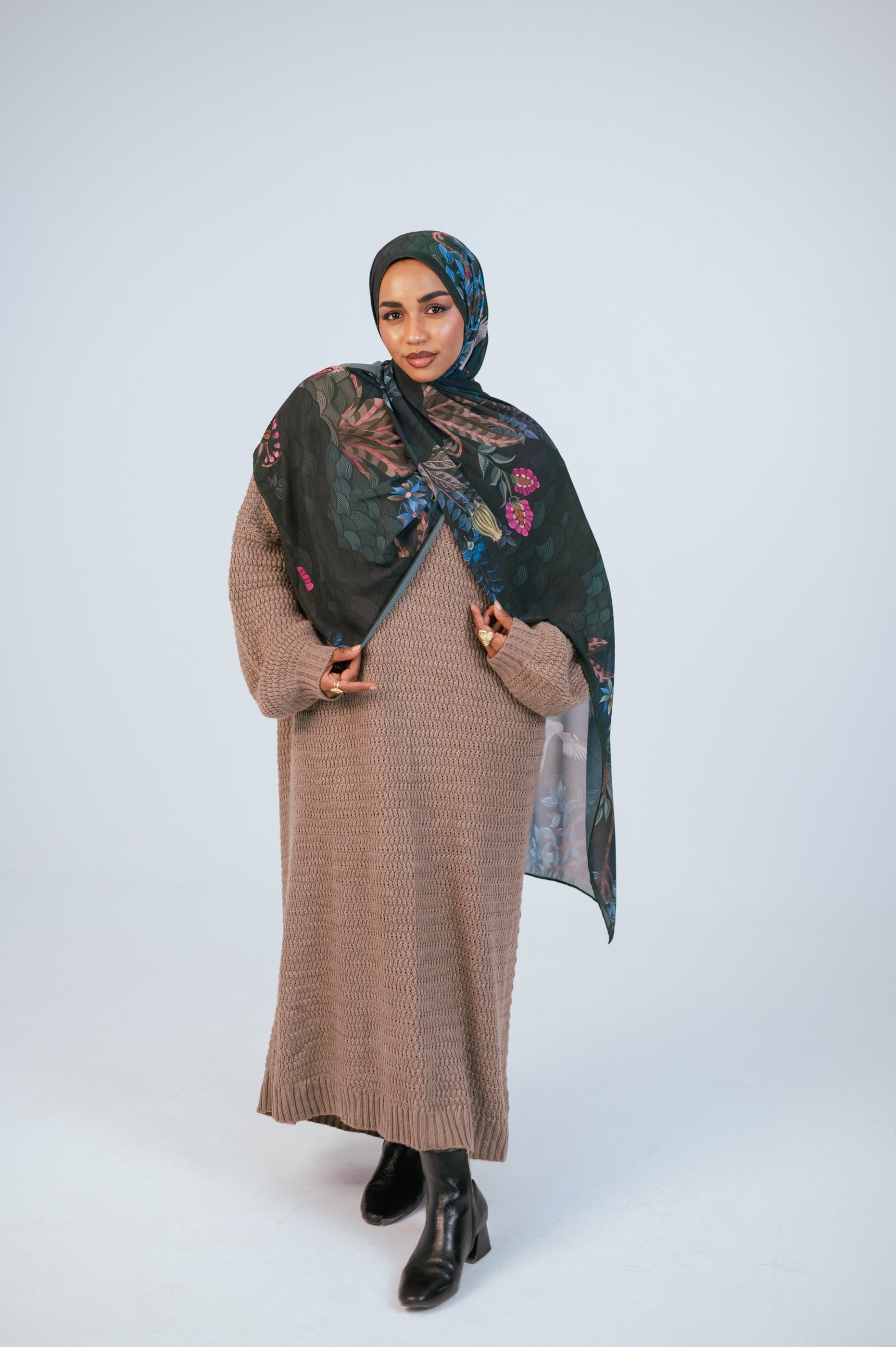 Full-body front look of Secret Garden Luxury Chiffon Hijab styled with modest knit dress.
