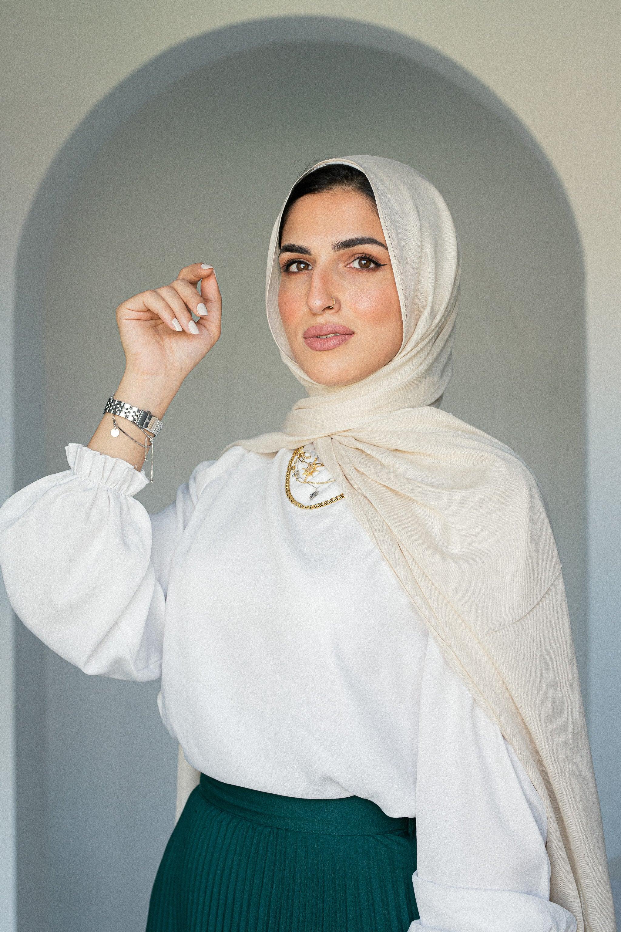 Soft Alabaster Modal Cotton Hijab — lifestyle image featuring soft ivory tone in natural light