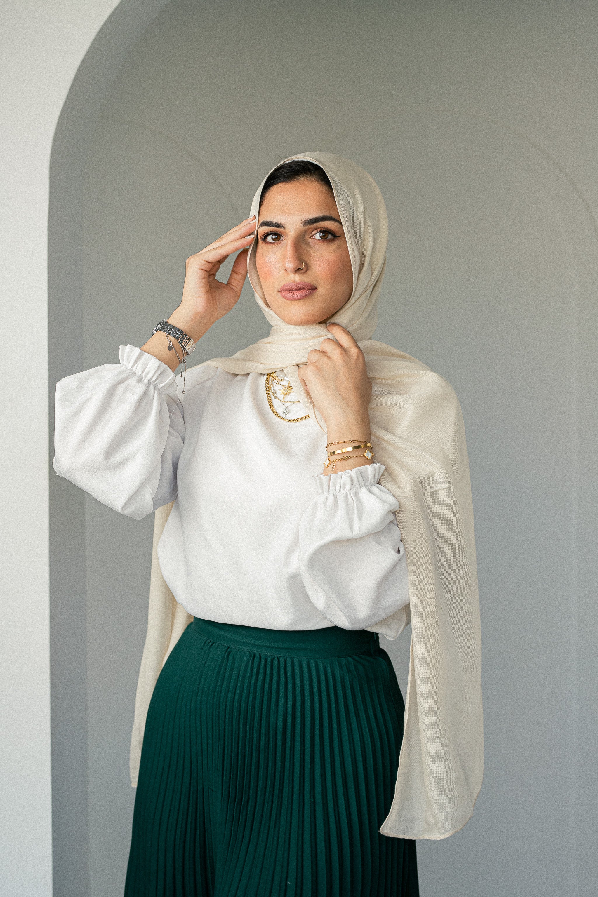Soft Alabaster Modal Cotton Hijab — lifestyle image featuring soft ivory tone in natural light