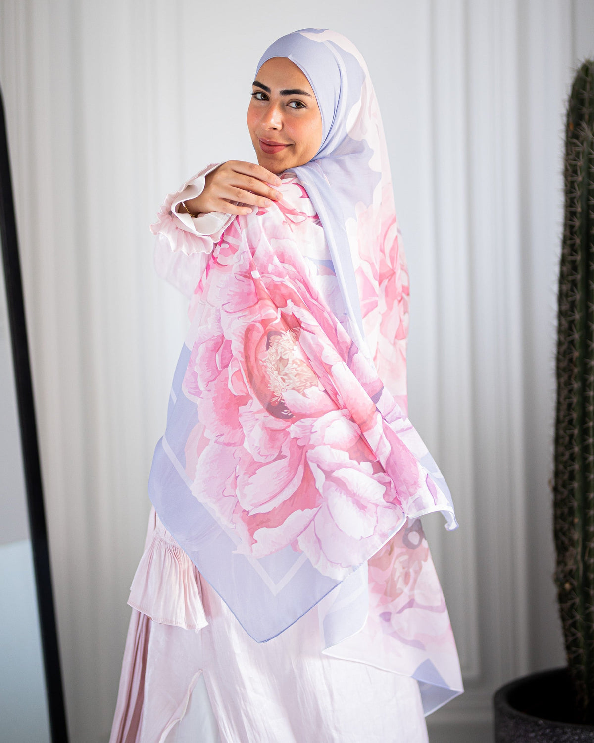 Peony Blush floral luxury chiffon hijab by JAIDA showing the full pink and lavender print